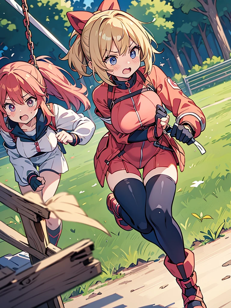 Anime style,loli battle girl,running in training ground,side by side,big breasts,battle bodysuit,Depiction of swinging breasts,embarrassed,
