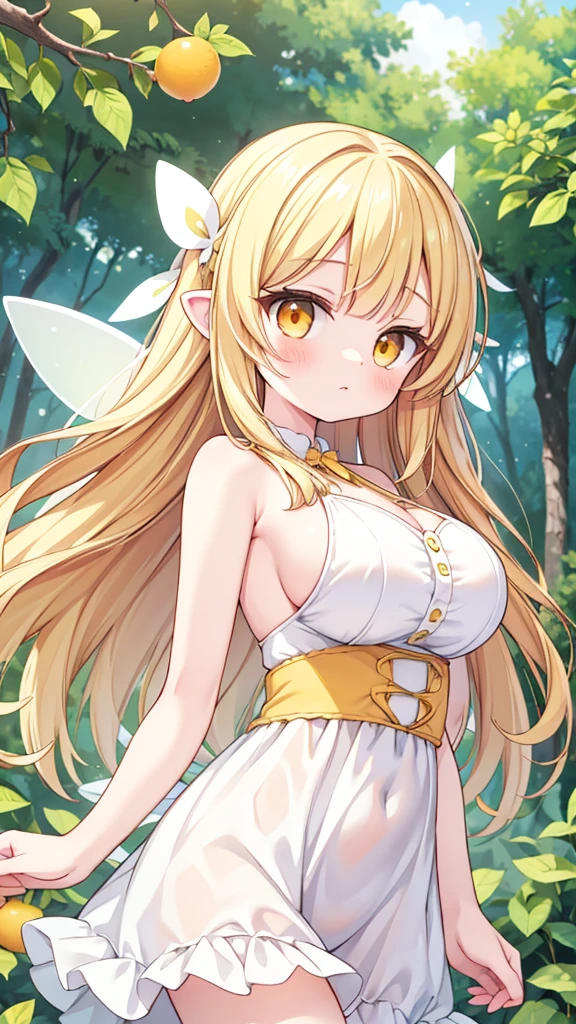 Showing the whole body, cute, baby face, big breasts, flying in the sky, in the forest, simple white dress, long hair, alone, short, fairy wings, honey blonde hair, lemon tree, orange eyes 