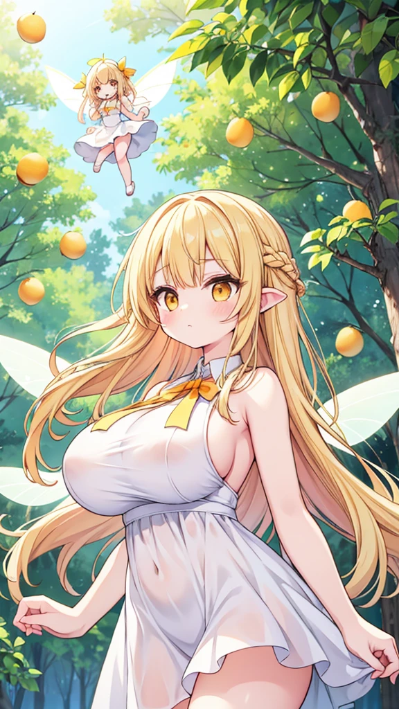 Showing the whole body, cute, baby face, big breasts, flying in the sky, in the forest, simple white dress, long hair, alone, short, fairy wings, honey blonde hair, lemon tree, orange eyes 