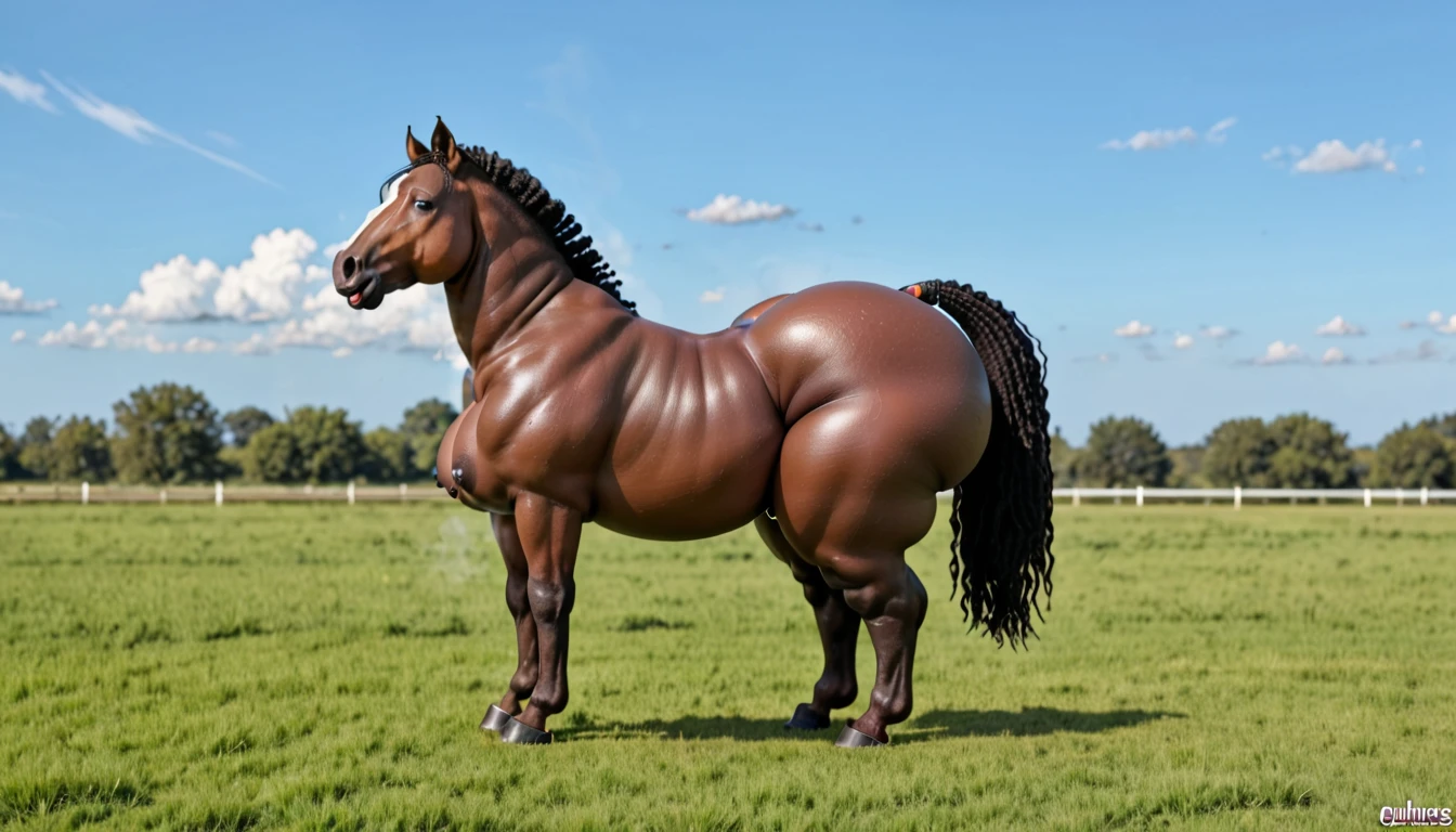 big Belgian draft horse mare (side view). massive bum. very short tail. horse facing horizon . very full figured, very dark skinned), , nudrican woman. flat grass meadow. steaming horse dung behind horse. cloudless blue sky.