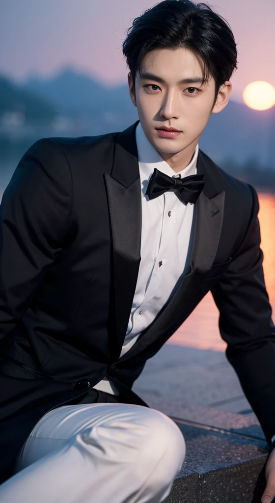 The one wearing a black suit under the sunset、Close-up of handsome man, Very handsome Chinese male model, 英俊的Korean men, 很帥的年輕Korean men, 很帥的年輕Korean men, Handsome pose, Stunningly handsome pose, Korean men, Korean male fashion model, Chinese men, Handsome sideways pose, Ruan Jia is handsome!