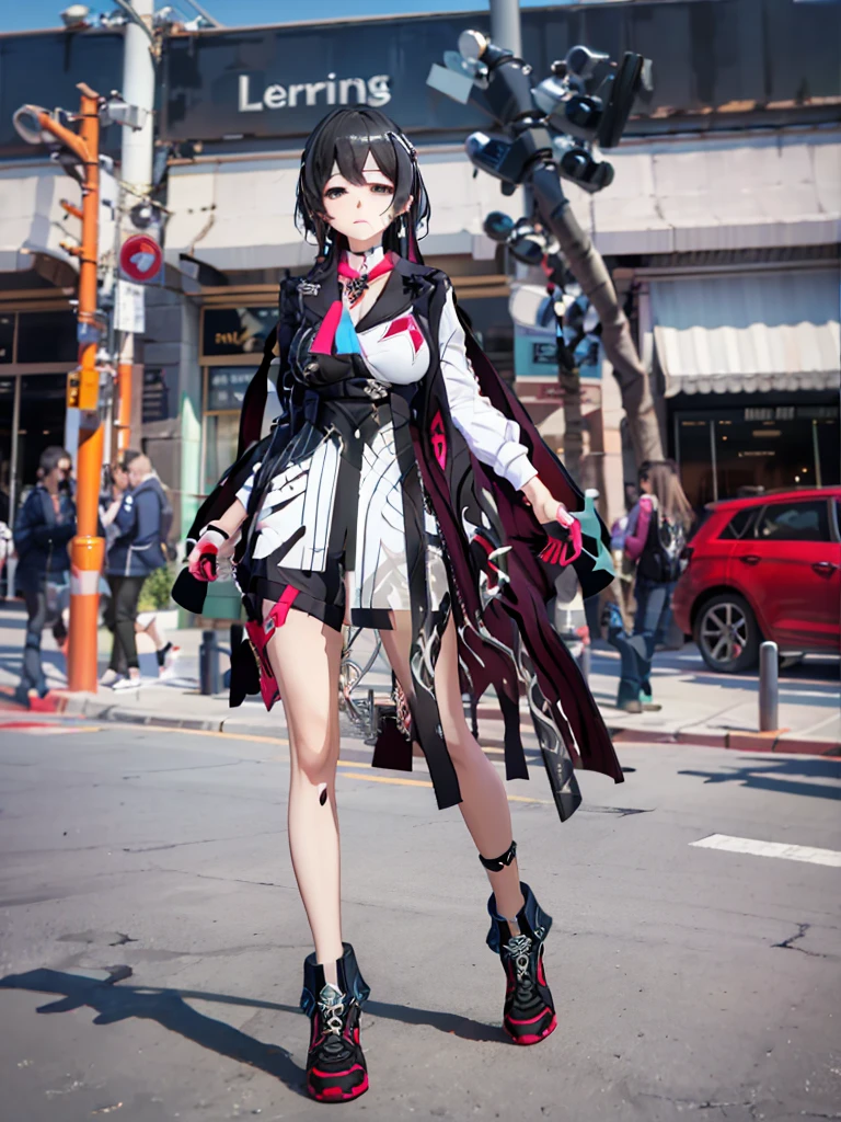 1girl,,legwear,,anklet,black hair,straight_hair,hime cut,long hair,sneakers,huge filesize,scarf,shorts