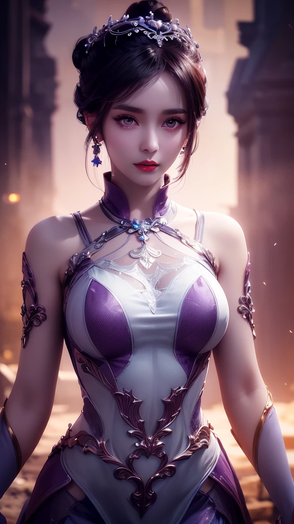1 Extremely beautiful girl in Hanfu, Thin purple silk shirt with lots of white patterns, White lace top, Purple platinum long ponytail, Gorgeous hair accessories, Earrings Jewelry, Rabbit ears lavender, Necklace jewelry, Carefully drawn large purple eyes, Delicate makeup, Sparse eyebrows, high nose, Beautiful red lips, No smile, Pursed lips, Red face, Large Breasts, Large Breasts , Well-proportioned chest, Slim waist, purple mesh socks, Chinese Hanfu style, Fictional art texture, Vivid colors, original photo, real picture, ultra-high quality 8k surreal picture , (Strange lighting effects: 1.8), 10x pixel, Magic Effects (background): 1.8), Super detailed eyes, Girl full body, Girl Alone, ancient hanfu background, Looking at the audience, Wide original image, 8K picture quality, Ultra HD, HDR10, Super sharp, Most detailed、The clearest picture, Vibrant colors, Uniform lighting, detailed light and dark background,