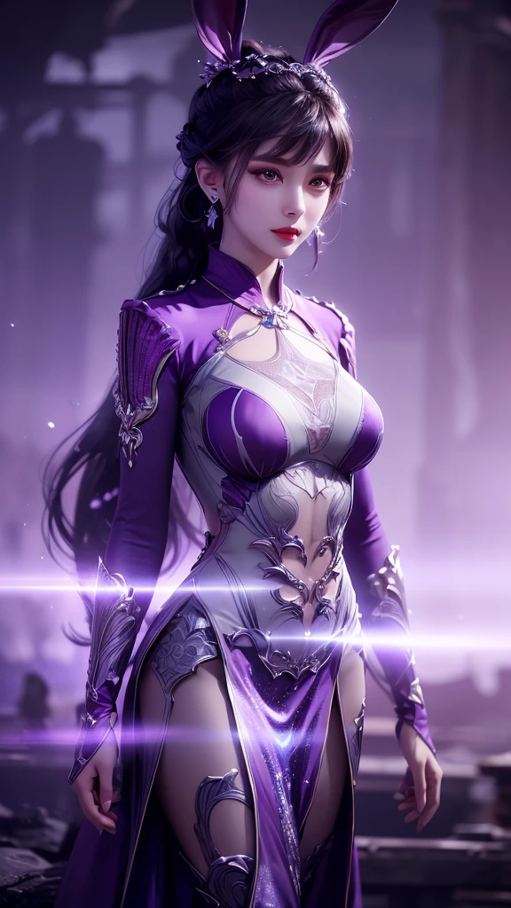 1 Extremely beautiful girl in Hanfu, Thin purple silk shirt with lots of white patterns, White lace top, Purple platinum long ponytail, Gorgeous hair accessories, Earrings Jewelry, Rabbit ears lavender, Necklace jewelry, Carefully drawn large purple eyes, Delicate makeup, Sparse eyebrows, high nose, Beautiful red lips, No smile, Pursed lips, Red face, Large Breasts, Large Breasts , Well-proportioned chest, Slim waist, purple mesh socks, Chinese Hanfu style, Fictional art texture, Vivid colors, original photo, real picture, ultra-high quality 8k surreal picture , (Strange lighting effects: 1.8), 10x pixel, Magic Effects (background): 1.8), Super detailed eyes, Girl full body, Girl Alone, ancient hanfu background, Looking at the audience, Wide original image, 8K picture quality, Ultra HD, HDR10, Super sharp, Most detailed、The clearest picture, Vibrant colors, Uniform lighting, detailed light and dark background,