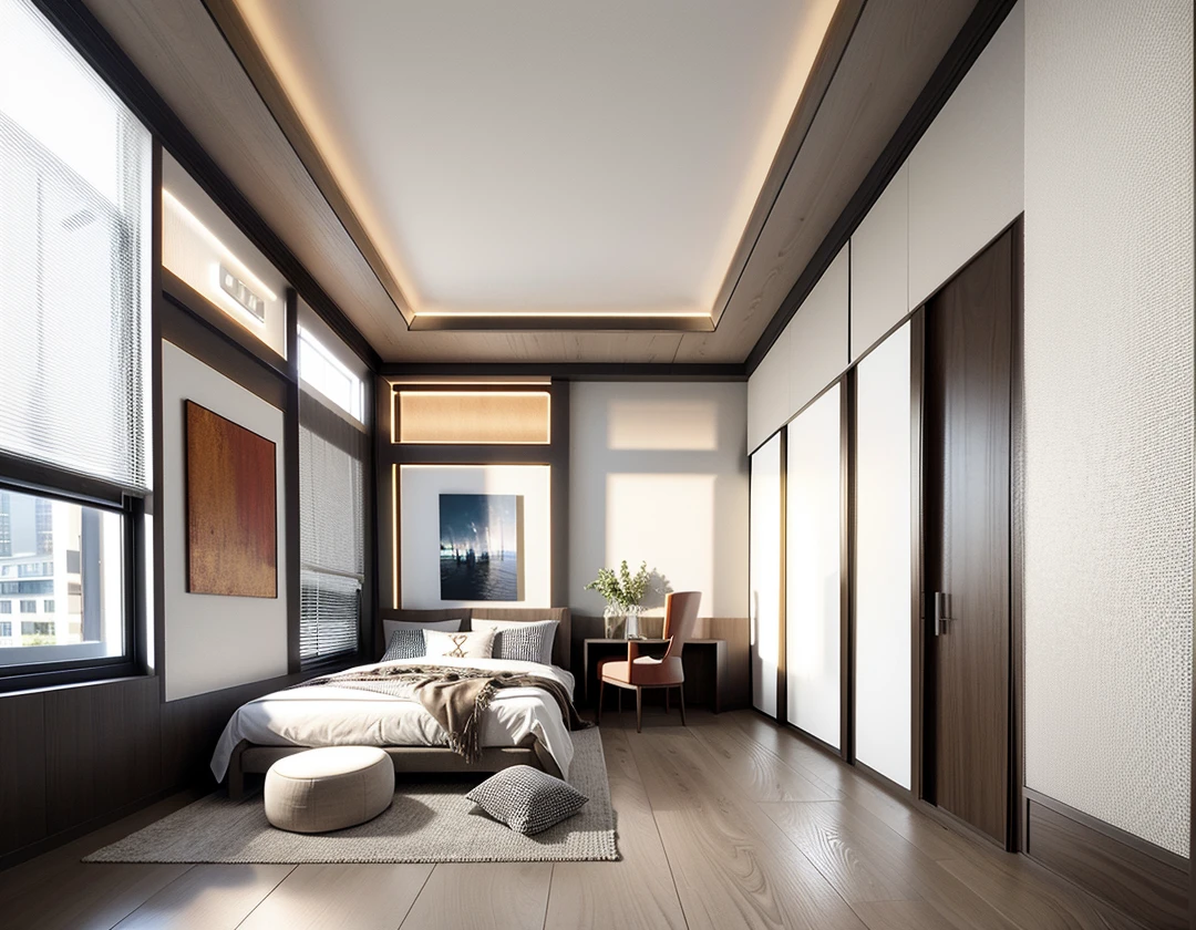 Lao Chen, Interior Design, bed room, Light Color, (grossy wooden floor), (soft cloth in wardore), (window), (curtain light), (light obscured by translucent curtains), (sofft warm led light), (circle spotlight), (indoor), (woodrn door), (tone gray mix white bed), {bright sunlight|midday}, {Best Quality|Masterpiece|best illustration|Photorealism archdaily|award winning design|photorealistic|extreme detail|Stunning|photographic render|High-fidelity|vray render|Eye-catching|Sharp edge render}, ((masterpiece)), ((best quality:1.4)),(ultra-high resolution:1.2),(realistic:1.4),(8k:1.2)