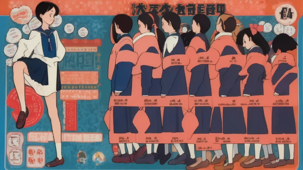 school girl, ((detailed retro style)), oversize sweater, (character design sheet), penny loafers, different pose, different angles, turnaround, character diagram, character items,