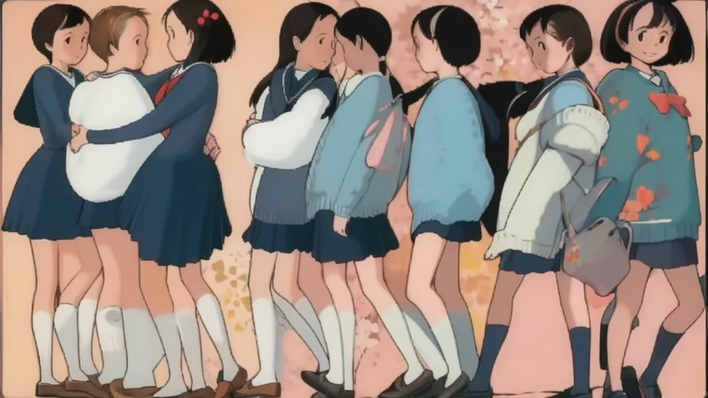school girl, ((detailed retro style)), oversize sweater, (character design sheet), penny loafers, different pose, different angles, turnaround, character diagram, character items,