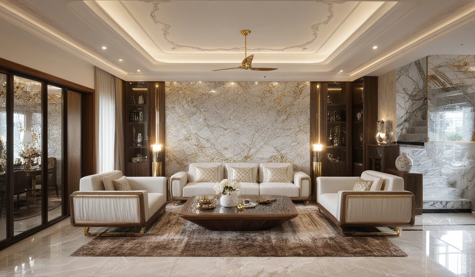 ,Masterpiece, Best quality,8K, Ultra-high resolution,When you step into the (living: 1.1) ,Immediately surrounded by a rich atmosphere of luxury. The space  was covered with a soft white fluffy blanket,It is so comfortable,So much so that you can't help but indulge in it。Embellished with precious porcelain and white-off gold ornaments。Whenever it is late afternoon,The afterglow from the window spilled on the floor,Soft light and shadow are reflected,It was as if entering a dreamland. ((Wooden chair and table : 1.3)), ((COLUMN MIRROR : 1.3))