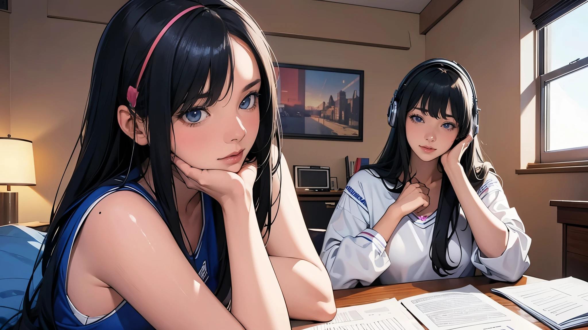 Ultra HD、super high quality、masterpiece、detailed、8K、The place is your room、A high school girl in her room１Person sitting and listening to music on headphones、studying、15-year-old high school girl、The high school girl is Russian and has long black hair.、Has blue eyes、She has a flower tattoo and a glamorous figure.、The clothes she&#39;s wearing are one-piece dresses.、Black lace stocking on the left leg only、Pretty sexy、Lo-Fi images、I have a very small pet dog