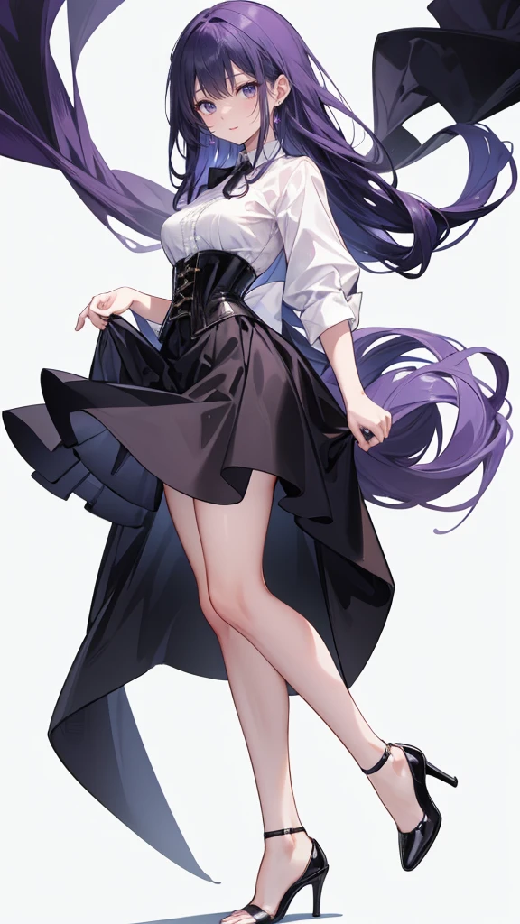 Purple Hair,long hair,Adult female,(suit),White Y-shirt,((Rolling up his sleeves)),(corset),(Black tight skirt),(High heels),Heels are visible,((Simple white background)),smile,((whole body)),((full body)),