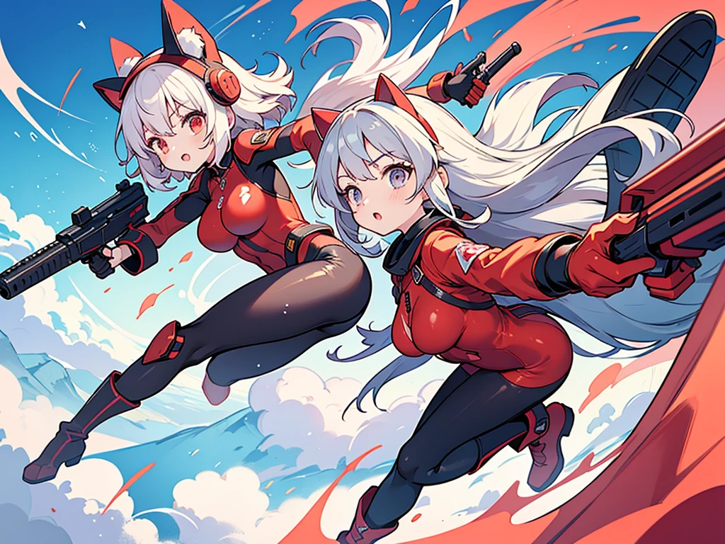 Anime style,(2people),battle girl,up in the sky,
mechanical cat ears shaped headgear,big breasts,red battle bodysuit,boots,holding Gun that shoots white ink,
flying and Floating in the air to fight,