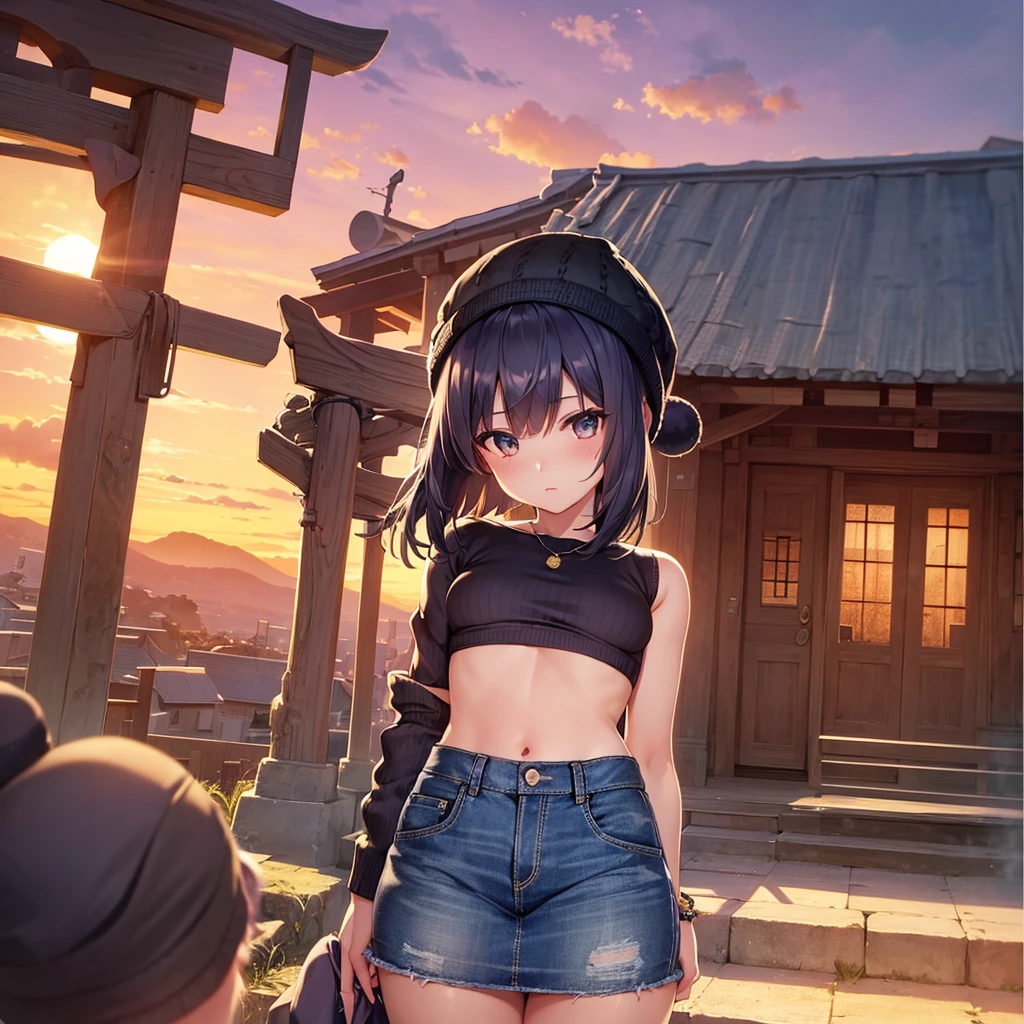 8K ultra-high quality,Super beautiful girl,Short Bob,shirt,Denim skirt,Knitted hat,Small breasts,shrine,sunset,Unknown Planet