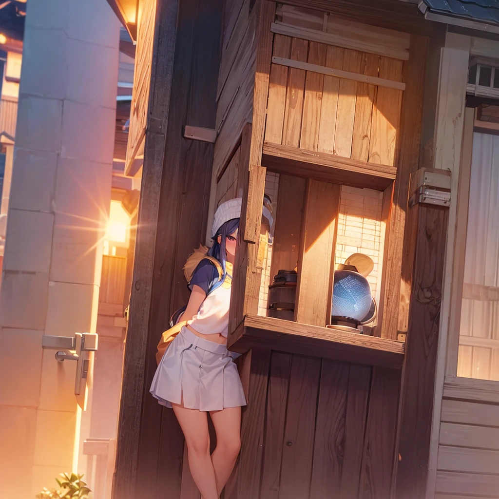 8K ultra-high quality，Super beautiful girl，Short Bob，shirt，Denim skirt，Knitted hat，Small breasts，shrine，sunset，Unknown Planet