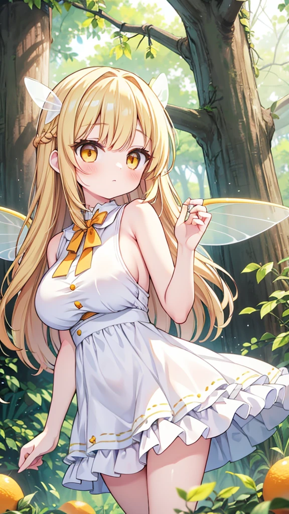 Showing the whole body, cute, baby face, big breasts, flying in the sky, in the forest, simple white dress, long hair, alone, short, fairy wings, honey blonde hair, lemon tree, orange eyes 