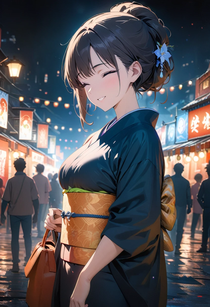 (best quality,8k,highres, masterpiece:1.2), (anime style),ultra-detailed, HDR, UHD, studio lighting, ultra-fine painting, sharp focus, physically-based rendering, extreme detail description, professional, vivid colors, bokeh, portraits, concept artists, warm color palette, dramatic lighting,Summer festival night,1 beautiful woman,(kimono),updo, big smile, closed eyes, (The cityscape lined with the fairs of summer festivals),(beautiful hair, glowing skin,),full body,(Silhouette of a passing crowd),(anime style),Holding a Hermès Kelly Bag