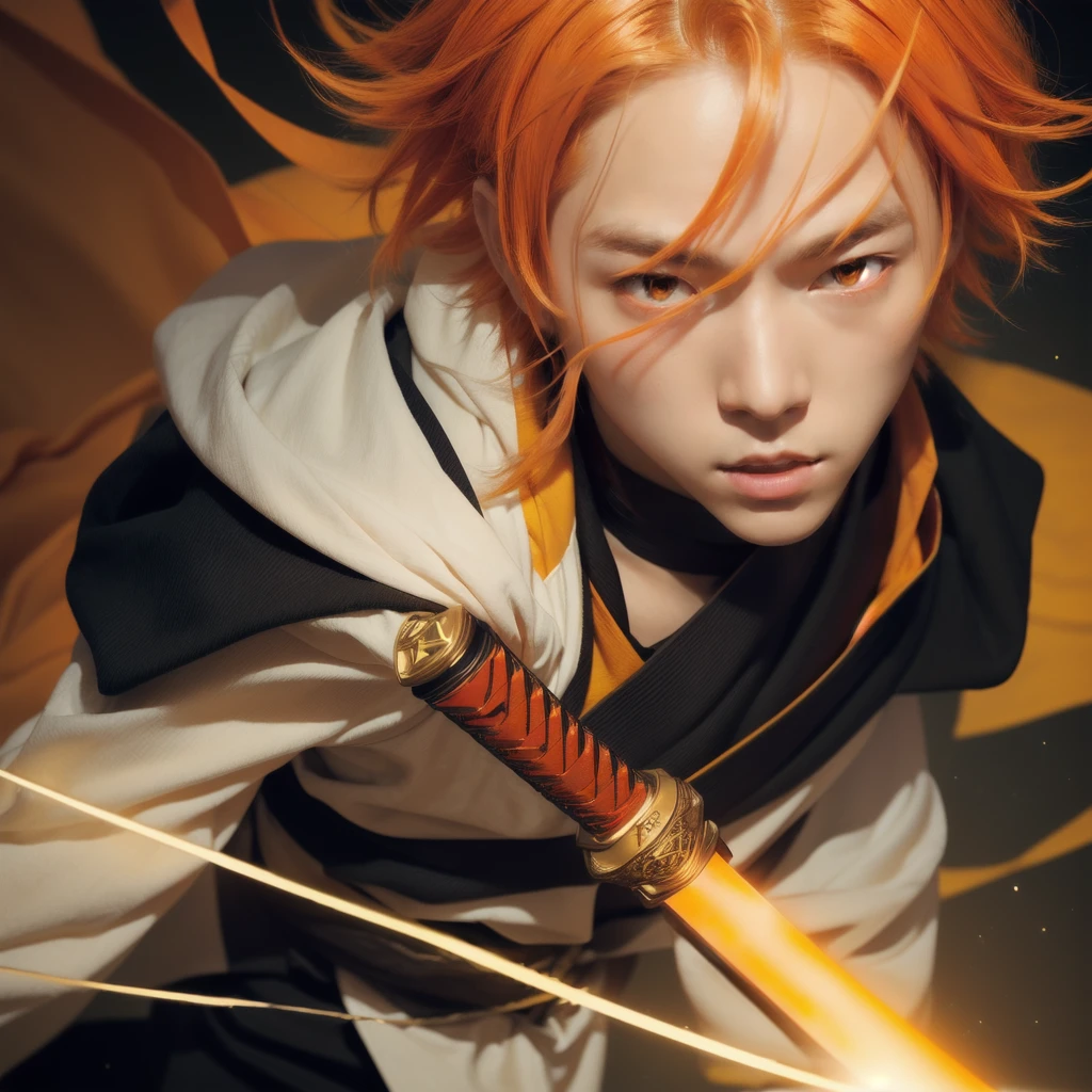 Boy, light orange hair, light orange cloak with white triangles on it, yellow glowing eyes, glowing katana in his hand, yellow lightings coming from the katana