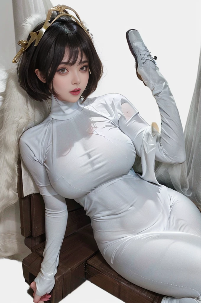 araffe woman, short  hair, hair behind ear, curvious body,  body, hour glass, light in complexion, curvious body, thick body, , fully clothed wearing expensive clothes, clothes fully covering body, curvious  body,   body, thick body, , wearing tshirt and nike  sneakers 
