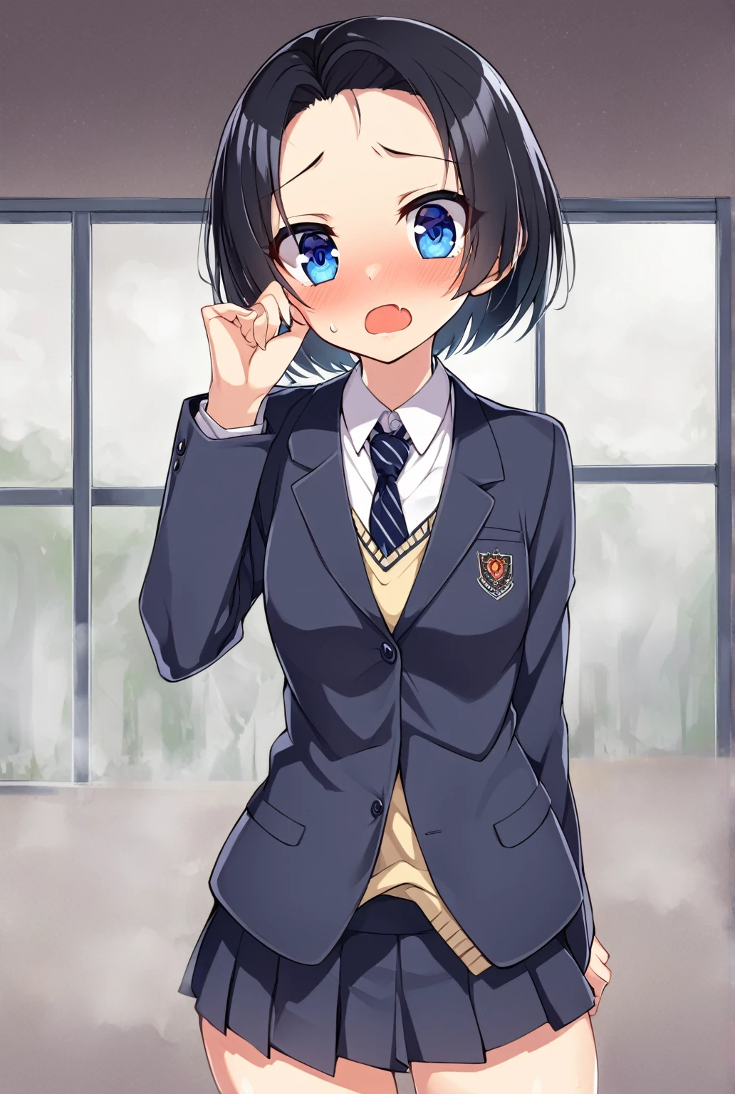 one girl, black hair, short hair, blue eyes, high school student, school blazer, naive, slender, necktie, foggy, aphrodisiac, open mouth, drool, cute, nsfw, small breasts, cowboy shot, stare at me