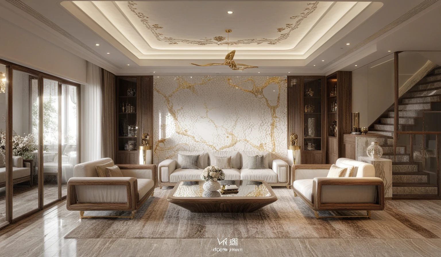 ,Masterpiece, Best quality,8K, Ultra-high resolution,When you step into the ( living room  : 1.1)  ,Immediately surrounded by a rich atmosphere of luxury. The space  was covered with a soft white fluffy blanket,It is so comfortable,So much so that you can't help but indulge in it。Embellished with precious porcelain and white-off gold ornaments。Whenever it is late afternoon,The afterglow from the window spilled on the floor,Soft light and shadow are reflected,It was as if entering a dreamland. ((Wooden chair and table : 1.3)), ((COLUMN MIRROR : 1.3))