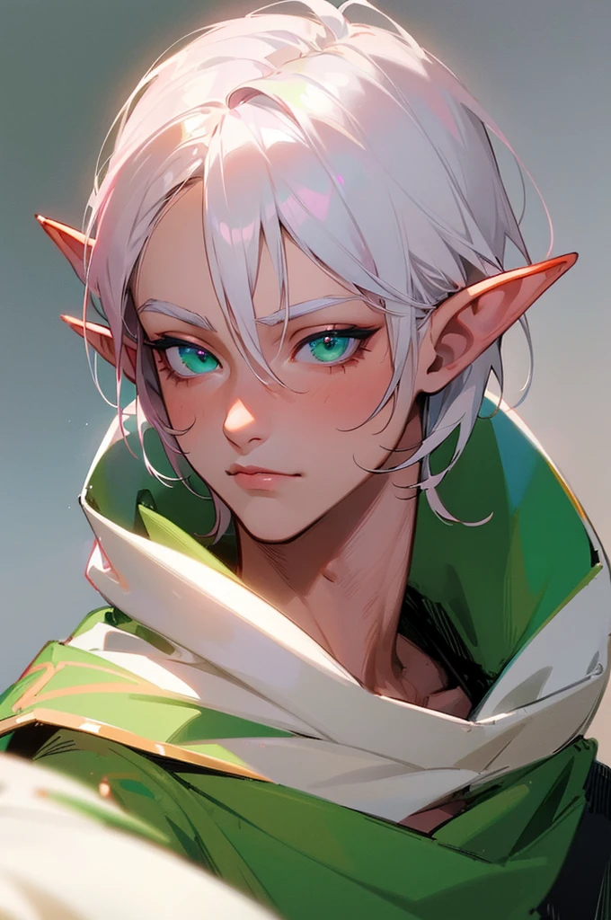 ((best quality)), ((masterpiece)), (detailed), 2 elf ears, 1guy, PINK SKIN, green eyes, white hair, portrait image, masculine facial structure