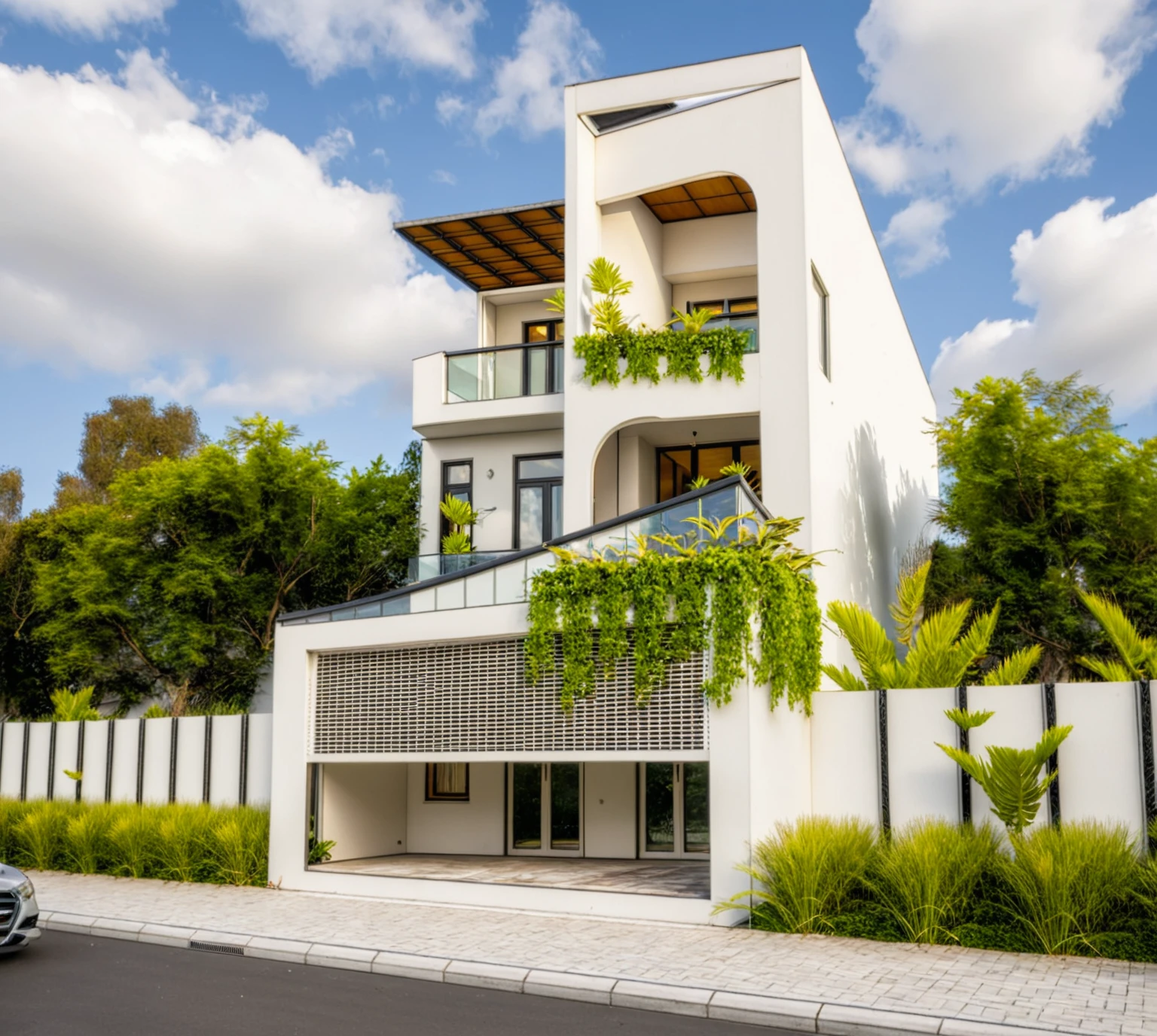 Masterpiece, high quality, best quality, authentic, super detail, outdoors, onestoreyvillaXL, aiaigroup, house style modern on the street ,stairs, white wall ,road,pavement, grass, trees, sky, cloud, (daylight:1.1)
