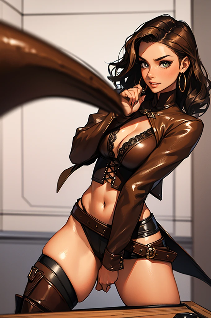(masterpiece), best quality, expressive eyes, perfect face, (tavern background), (standing), (smirk), (closeup view), (1girl, vanessa alessia, dark skin, tanned skin, brown hair, wavy hairstyle, brown eyes, hourglass figure, thin body, skinny body, petite_body, medium breasts, thick thighs, long fingernails, white front lace blouse, long sleeve, loose fit, brown leather corset, brown leather shorts, brown boots, sheathed cutlass sword, flintlock pistol in holster, hoop earrings, miscellaneous jewelry), big breasts, stripping, elegant makeup, exhibitionism, naked in public, , slim thighs, toned body, shiny skin, sexy pose,narrow hips, wearing high hip thong and see-through top, amber eyes, (((girl stripping on table))), v arms