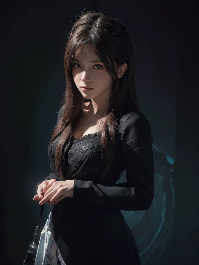 (Front Focus), (In the Dark:1.6), Hyperrealist Female Portrait by David Hockney and Alphonse Mucha, Fantasy art, Photo Real, Dynamic Lighting, Art Station, Poster, Volumetric lighting, Highly detailed face, 4k yen, Awards, One girl, In the Dark, Deep Shadow, Modest, Cowboy Shot, (Official attire:1.4), Long Hair, Gray Hair