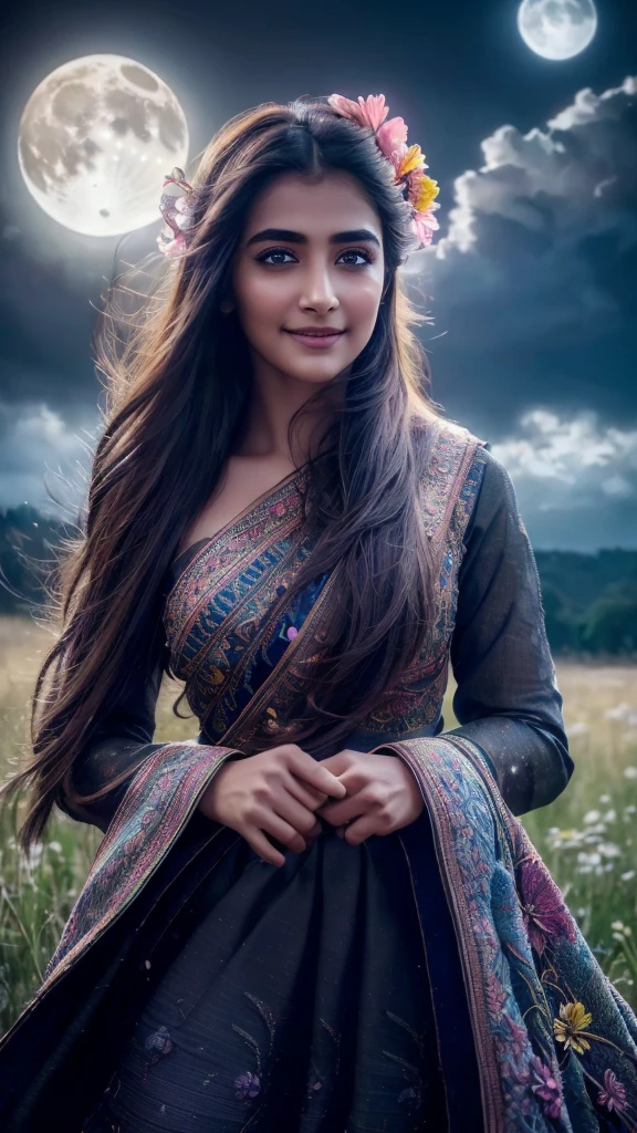 masterpiece, best quality, 1girl, (colorful),(finely detailed beautiful eyes and detailed face),cinematic lighting,bust shot,extremely detailed CG unity 8k wallpaper,,solo,smile,intricate skirt,((flying petal)),(Flowery meadow) sky, cloudy_sky, building, moonlight, moon, night, (dark theme:1.3), light, fantasy,pooja1