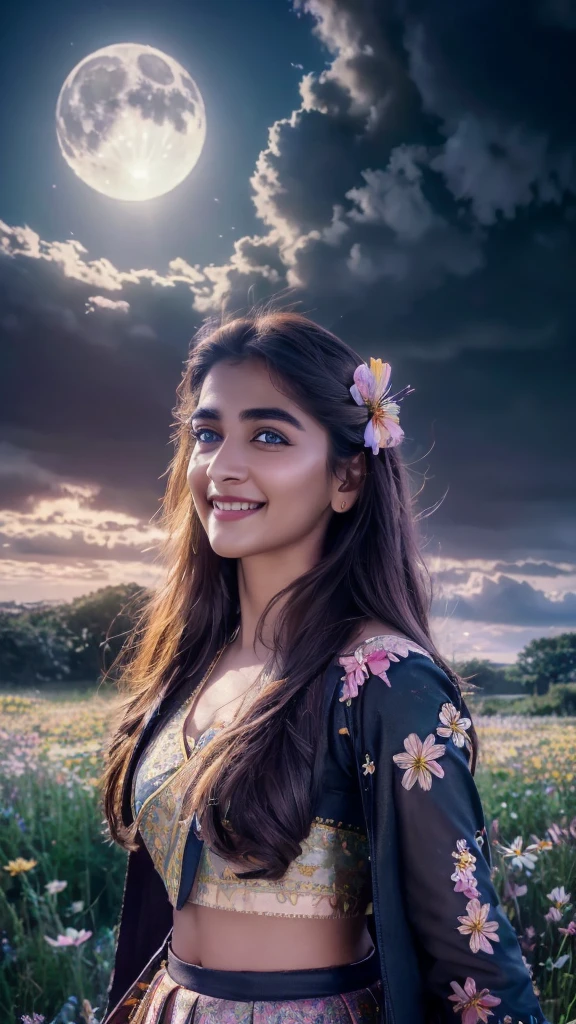 masterpiece, best quality, 1girl, (colorful),(finely detailed beautiful eyes and detailed face),cinematic lighting,bust shot,extremely detailed CG unity 8k wallpaper,,solo,smile,intricate skirt,((flying petal)),(Flowery meadow) sky, cloudy_sky, building, moonlight, moon, night, (dark theme:1.3), light, fantasy,pooja1