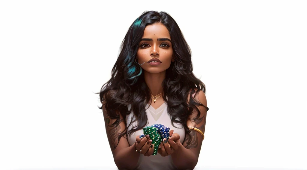 Dravidian woman holding green and blue chips in her hands, casino, online casino logo, poker, Jody Herolle, On black background, Profile photo, gamble, 3 0-year-old female, 30-year-old female, playing poker, Looks cool, Stunning images, Stella Maeve, the gorgeous magician, 