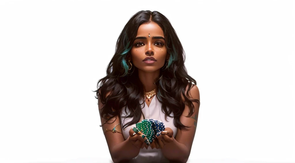 Dravidian woman holding green and blue chips in her hands, casino, online casino logo, poker, Jody Herolle, On black background, Profile photo, gamble, 3 0-year-old female, 30-year-old female, playing poker, Looks cool, Stunning images, Stella Maeve, the gorgeous magician,