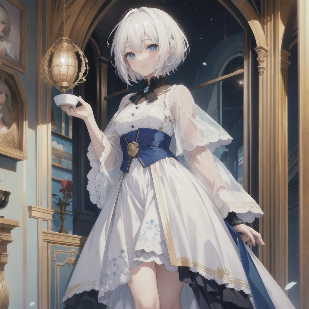 (masterpiece, Highest quality:1.2), One Girl, alone (((White Hair Short Hair blue eyes noble))) ((Noble clothes Drinking tea)) (smile) Shining Edge