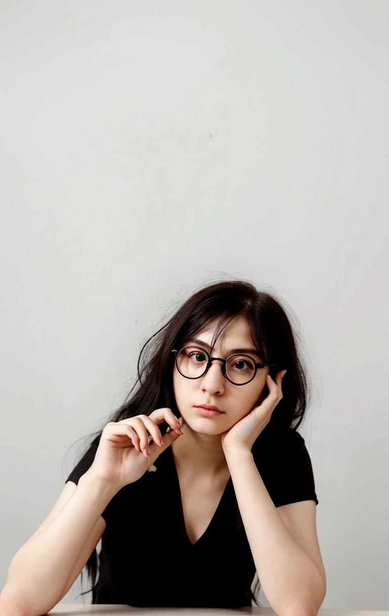 black straight hair, wearing small round glasses, thoughtful expression, girl wearing round glasses, thoughtful, pondering, dramatic bored expression, looking confused