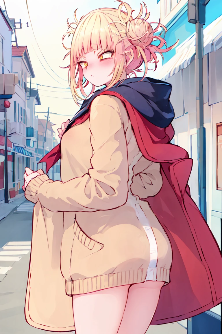 (masterpiece、top-quality:1.2), Winter coast, Front view,cowboy shot, solo, 1girl in, deadpan, a closed mouth, red hair, blonds hair, yelloweyes,half undress, Undressing, Black long coat, Micro Bikini, embarrassed, public indecency