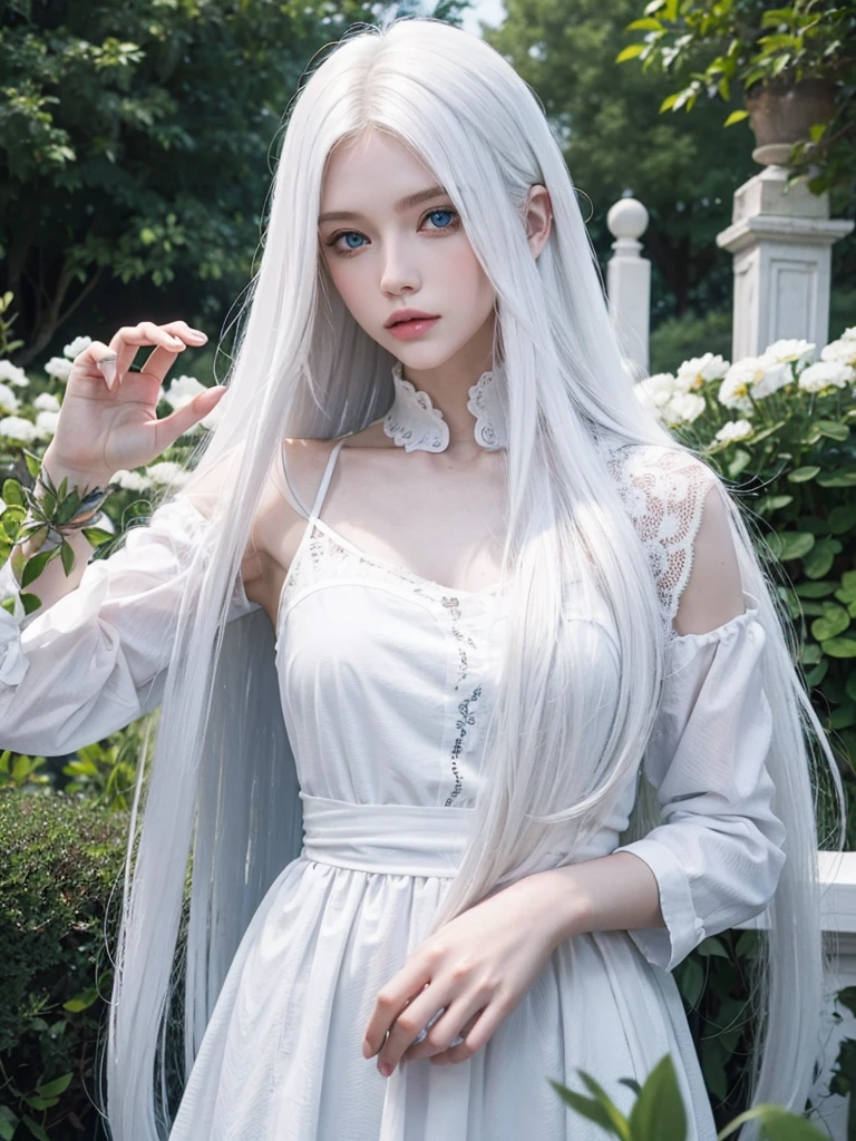 Long white hair, blue eyes, serious features, white skin, loose style, in a garden
