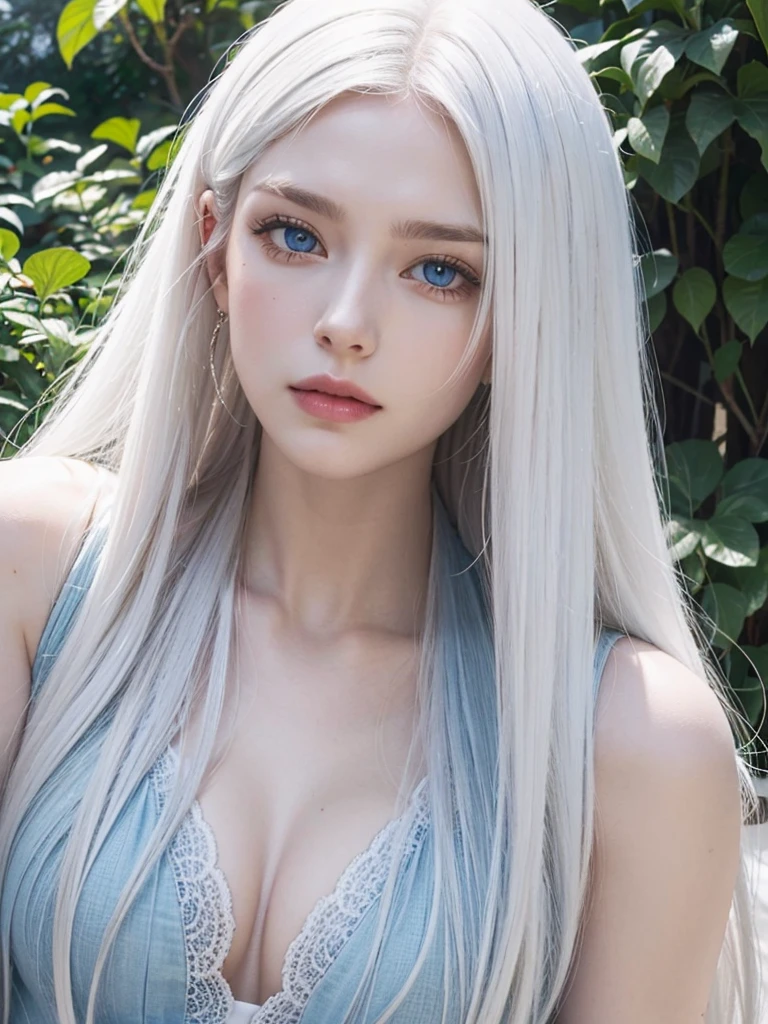 Long white hair, blue eyes, serious features, white skin, loose style, in a garden