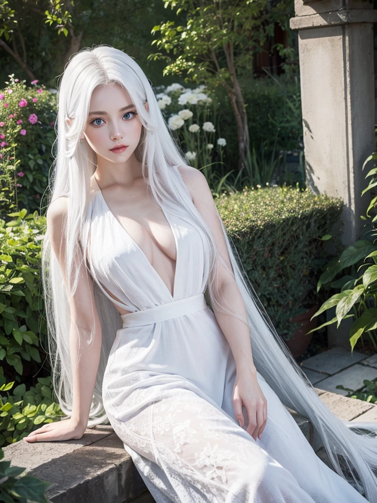 Long white hair, blue eyes, serious features, white skin, loose style, in a garden