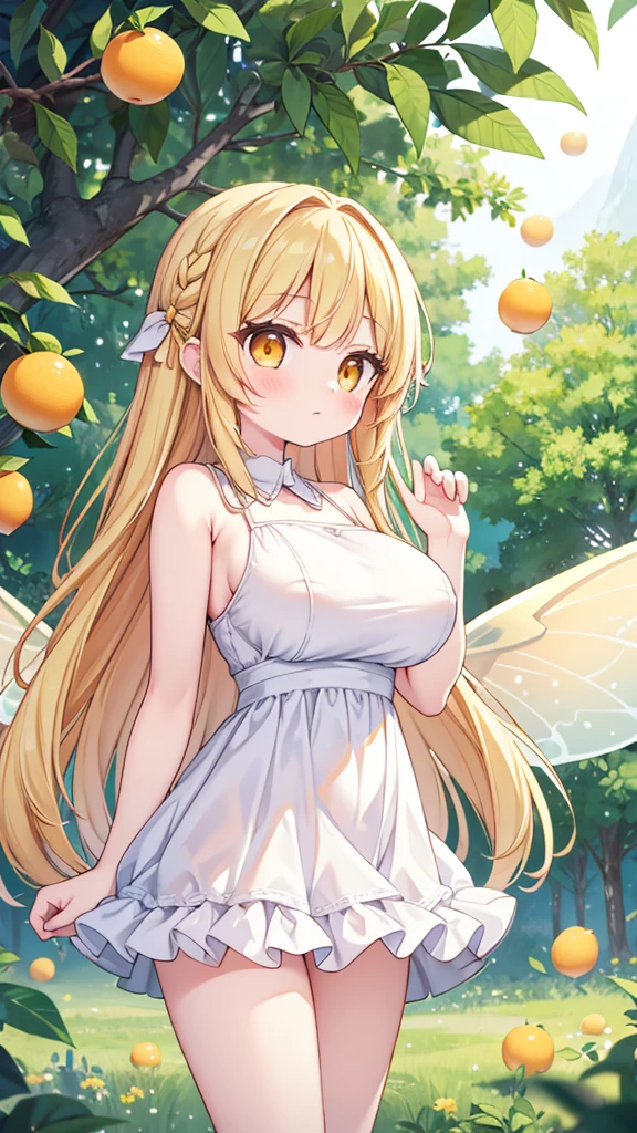 Showing the whole body, cute, baby face, big breasts, flying in the sky, in the forest, simple white dress, long hair, alone, short, fairy wings, honey blonde hair, lemon tree, orange eyes