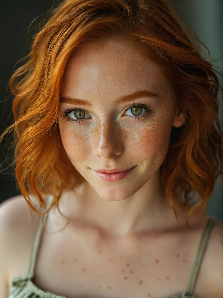 beautiful girl, smile, happy, close up, (detailed eyes:0.8), (looking at the camera:1.4), interior, (ginger hair:1.3), dark studio, muted colors, freckles