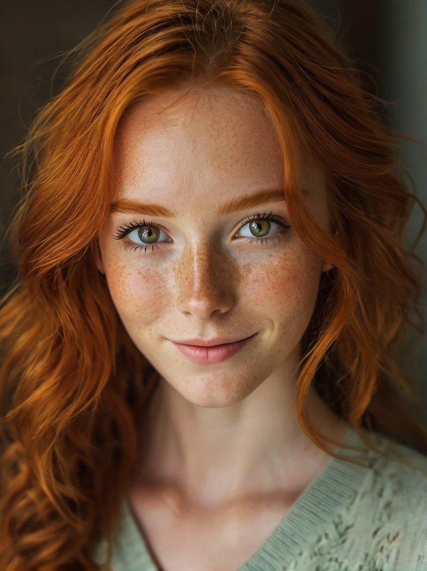 beautiful girl, smile, happy, close up, (detailed eyes:0.8), (looking at the camera:1.4), interior, (ginger hair:1.3), dark studio, muted colors, freckles