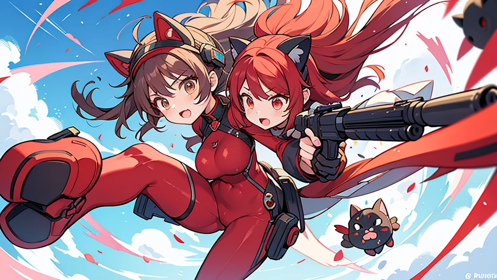 Anime style,(2people),battle girl,up in the sky,
mechanical cat ears shaped headgear,big battle bodysuit,boots,holding Gun that shoots white ink,
flying and Floating in the air to fight,