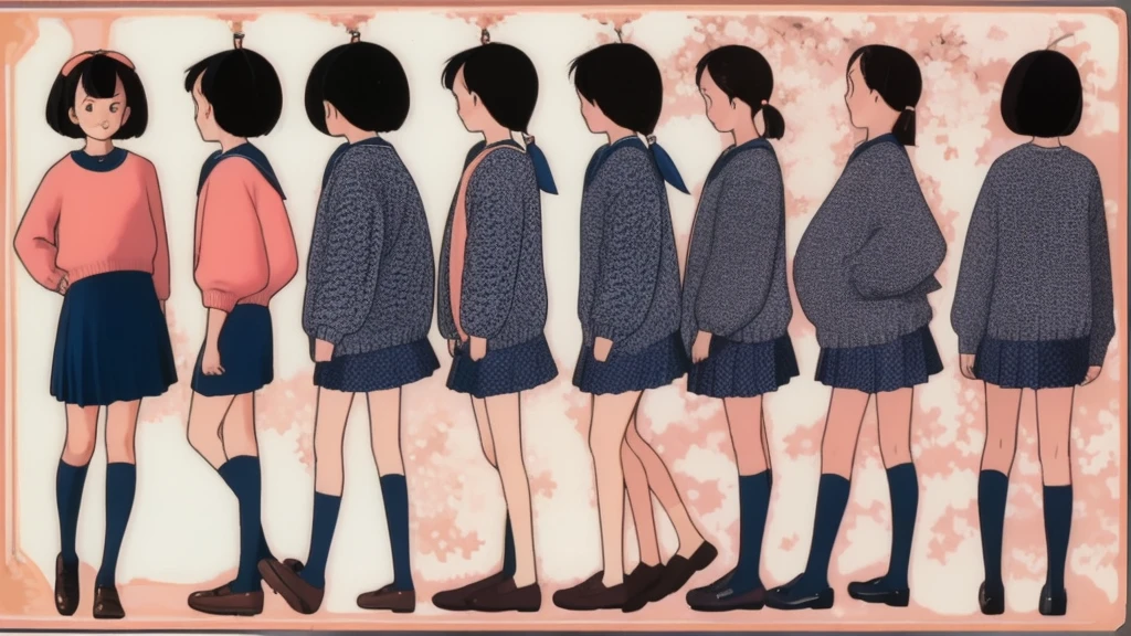 school girl, ((detailed retro style)), oversize sweater, (character design sheet), penny loafers, different pose, different angles, turnaround,