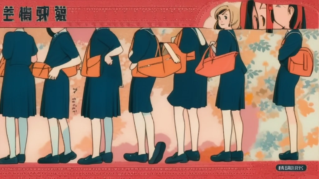 school girl, ((detailed retro style)), oversize sweater, (character design sheet), penny loafers, different pose, different angles, turnaround,