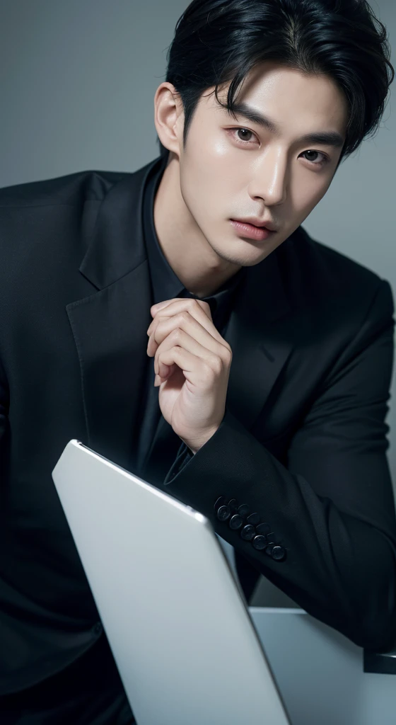 Wearing a black suit、Close-up of handsome man, Very handsome Chinese model, 英英俊的Korean men, 很帥的年輕Korean men, Looking sideways from behind, you can see a very good figure, 很帥的年輕Korean men, Handsome and elegant posture, Stunningly handsome pose, Korean men, Korean male fashion model, Chinese men, Handsome sideways pose, Ruan Jia is handsome!