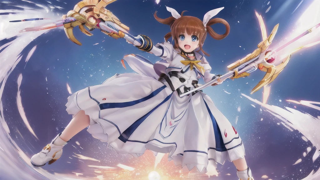 SFW,  One girl, (8K, Highest quality, masterpiece:1.2), (Professional Lighting:1.2), (whole body, Dynamic Angle,  From below:1.1),
A photo of a cute magical girl in white clothes,  takamachi nanoha, Cute Justice,  Flying in the air, Bright blue sky,  Light of the sun, Floating Clouds,  White magic beam, (Dynamic pose:1.5), relax, Joyful, [:D],
(Satin clothing:1.2), Luxury clothing with attention to detail, Short Twin Tails,   short hair, Hair Ribbon, blue eyes, armor, Long skirt, Fluffy long sleeves,  Gauntlet, Fingerless gloves,  shoes下, shoes,
Urzan-6500-v1.1