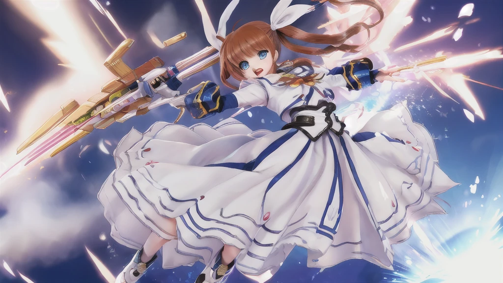 SFW,  One girl, (8K, Highest quality, masterpiece:1.2), (Professional Lighting:1.2), (whole body, Dynamic Angle,  From below:1.1),
A photo of a cute magical girl in white clothes,  takamachi nanoha, Cute Justice,  Flying in the air, Bright blue sky,  Light of the sun, Floating Clouds,  White magic beam, (Dynamic pose:1.5), relax, Joyful, [:D],
(Satin clothing:1.2), Luxury clothing with attention to detail, Short Twin Tails,   short hair, Hair Ribbon, blue eyes, armor, Long skirt, Fluffy long sleeves,  Gauntlet, Fingerless gloves,  shoes下, shoes,
Urzan-6500-v1.1