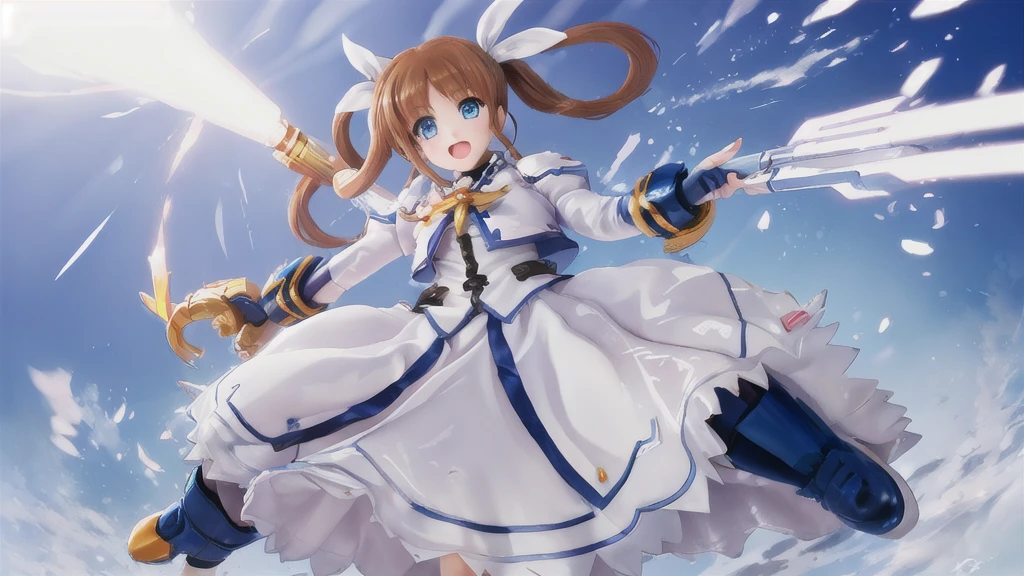 SFW,  One girl, (8K, Highest quality, masterpiece:1.2), (Professional Lighting:1.2), (whole body, Dynamic Angle,  From below:1.1),
A photo of a cute magical girl in white clothes,  takamachi nanoha, Cute Justice,  Flying in the air, Bright blue sky,  Light of the sun, Floating Clouds,  White magic beam, (Dynamic pose:1.5), relax, Joyful, [:D],
(Satin clothing:1.2), Luxury clothing with attention to detail, Short Twin Tails,   short hair, Hair Ribbon, blue eyes, armor, Long skirt, Fluffy long sleeves,  Gauntlet, Fingerless gloves,  shoes下, shoes,
Urzan-6500-v1.1