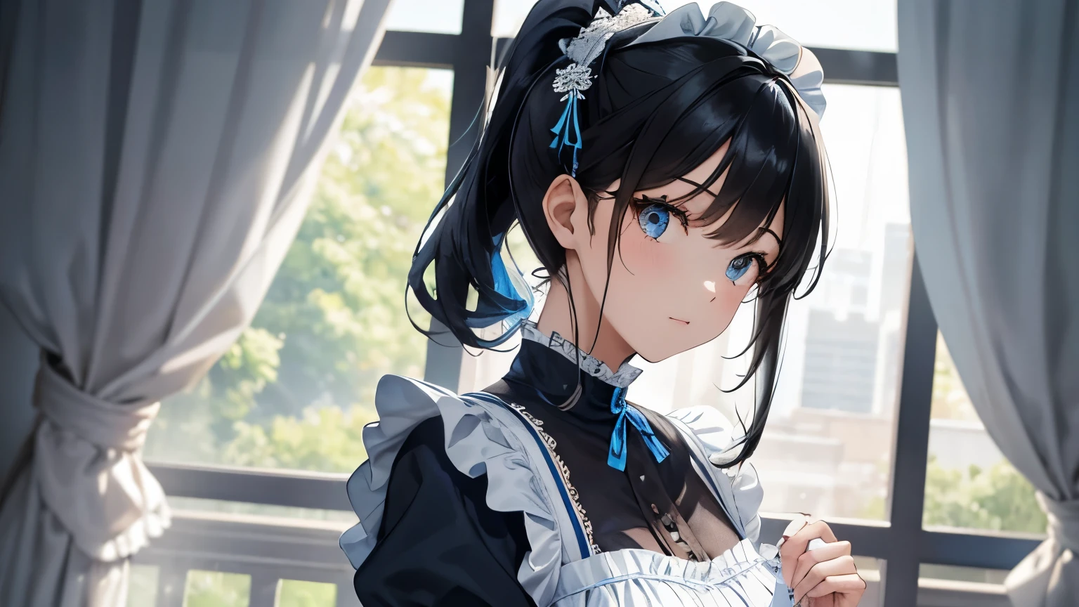 A beautiful girl wearing a blue maid outfit with lots of frills and lace　Long sleeve　Black hair ponytail with hair ornament　Upper Body
