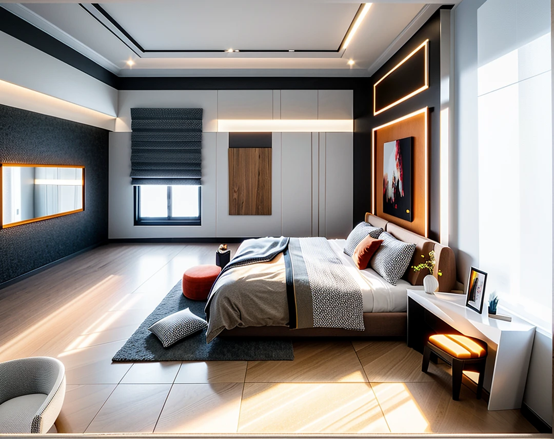 Lao Chen, Interior Design, bed room, Light Color, (grossy wooden floor), (sofft warm led light), (circle spotlight), (indoor), (woodrn door), (tone white color), {bright sunlight|midday}, {Best Quality|Masterpiece|best illustration|Photorealism archdaily|award winning design|photorealistic|extreme detail|Stunning|photographic render|High-fidelity|vray render|Eye-catching|Sharp edge render}, ((masterpiece)), ((best quality:1.4)),(ultra-high resolution:1.2),(realistic:1.4),(8k:1.2)