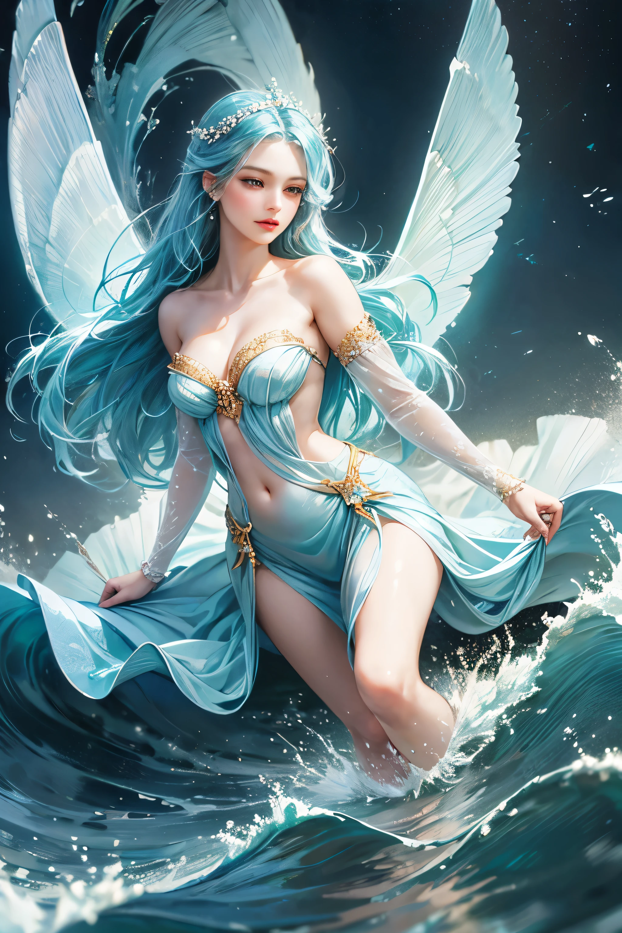 "Create a realistic and enchanting digital illustration of a beautiful female fairy with large, ethereal wings that glisten like flowing water. She should be elegantly dressed in a decent gown that reflects the colors and textures of the ocean. Surround her with dynamic waves and gentle ripples that showcase her control over the element of water. Integrate a distinctive water fairy symbol on her body, signifying her role as the keeper of water and waves, and highlighting the profound aquatic power she possesses within."